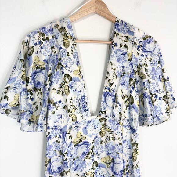 Les Reveries Silk Deep Neck Flutter Sleeve Midi Maxi Dress | Blue Floral | SZ 4 - Picture 6 of 11